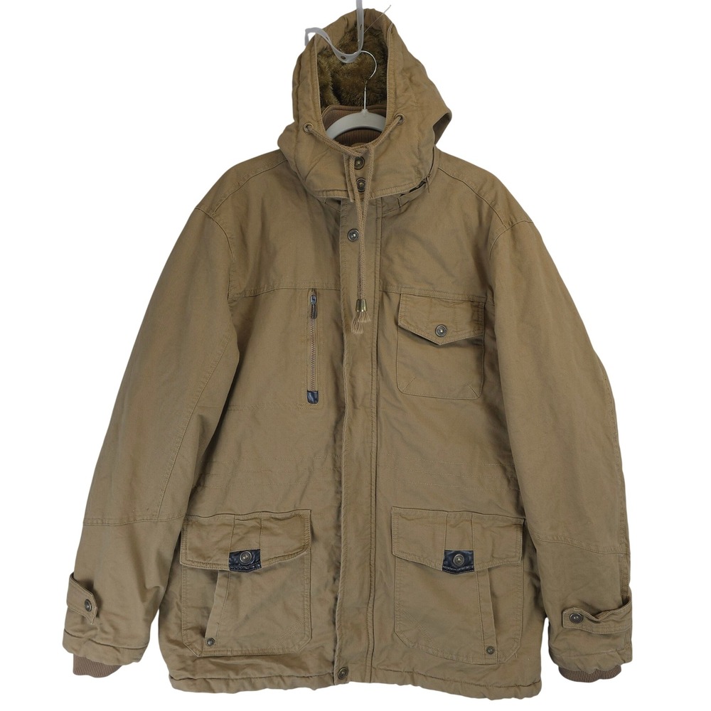 Outdoor Jacket Tan Hooded Faux Fur Lined Utility Coat Hooded Field‎ Parka Men L